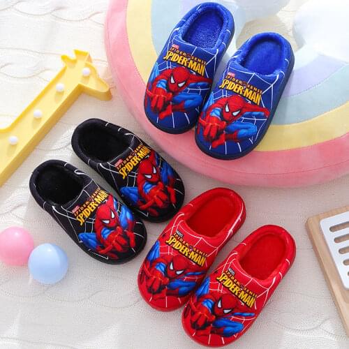Disney childrens cartoon spiderman boy non-slip soft-soled slippers baby plus velvet thick warm cotton shoes home shoes