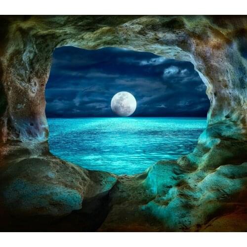 Full Moon Sea Ocean Stone Cave photography backgrounds High quality Computer print party backdrop