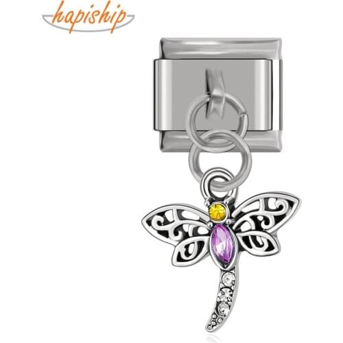 Hapiship 9mm Width Original Daisy Dragonfly Rhinestone Italian Charm Fit 9mm Bracelet Stainless Steel Jewelry Making DJ147-B