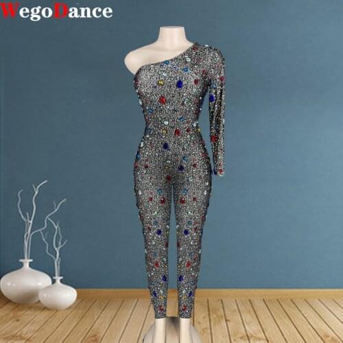 New Women Sexy Costumes Sparkly Glass Rhinestones Long Birthday Outfit One Sleeve Dancer Mesh Party Jumpsuit