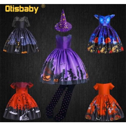 Halloween Costume Child Disguise Girl Dress With Hat Dot Pantyhose Witch Print Clothing Fantasia Infantil Cute Kids Gown