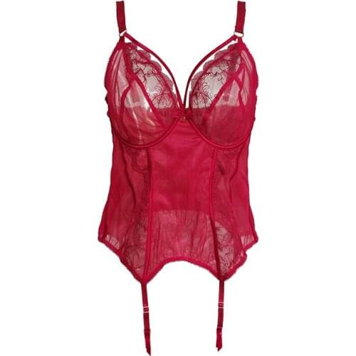 Red Lace Gauze Plus Size Women Sexy Bustier With Garter Belts Metal Clips Sexy Lingeries Underwear SH024