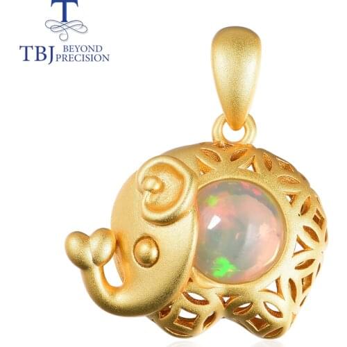 Lovely "Elephant" Pendant 925 sterling silver yellow color with natural gemstone multi-color opal round 7.0mm fine jewelry