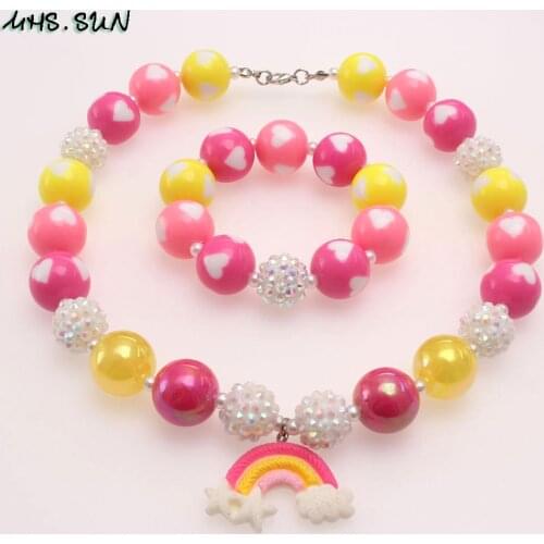 MHS.SUN Cute Rainbow Pendant Chunky Beads Necklace Bracelet Bubblegum Acrylic Beaded Jewelry Set For Baby Girls Children