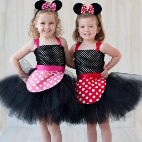 New Summer Minnie Girls Dress with Headband Frock Mesh Tutu Little Girl Mickey Costume Kids Clothes For Birthday Party 2-12 Year