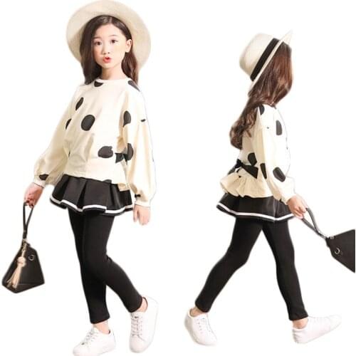 Autumn Teens Two Pcs Set Kids Girls Long Sleeve Dots Tops+Skirt Pants Kids Stripe Clothes Leggings Pants Cottons Outfit