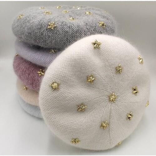 [Rancyword] Fashion New Women Angora rabbit Solid Color Beret Female Bonnet Caps Winter All Matched Warm Walking Hat with stars