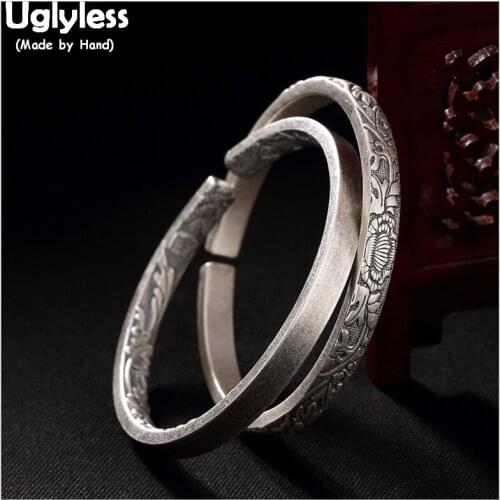 Uglyless 100% Real Solid 999 Fine Silver Embossed Flowers Bangles for Women Ethnic Thai Silver Floral Open Bangle Fine Jewelry