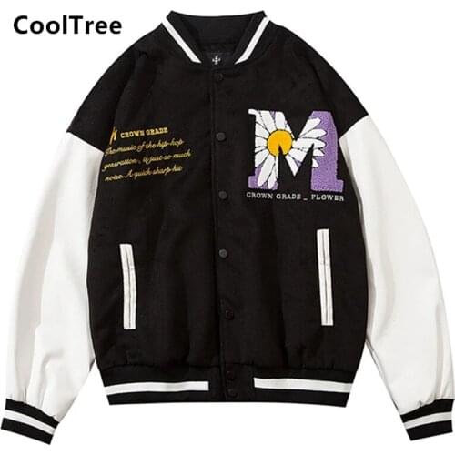 CoolTree Men Women Baseball Jacket Spring Autumn Letter Daisy Flowers Embroidery print Bomber Coat Couple Outerwear Streetwear