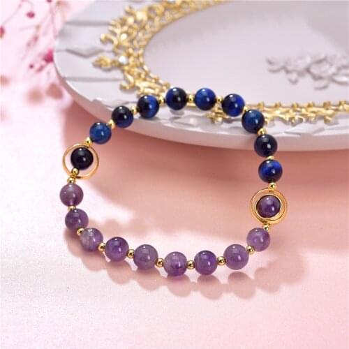 High Quality Natural Blue Tiger Eye Stone Purple Amethysts Round Beads Wrap Bracelets Yoga Jewelry Energy Chain 7.5inch Y972