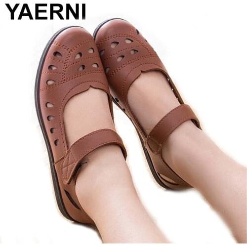 YAERNISummer breathable pu leather shoes woman 2020 flat low heel hollow out cow leather without lace up shoes mom shoes