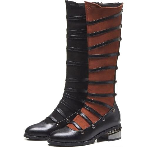 Women shoes 2021 goth shoes Knee-High Flock Motorcycle boots for women black brown 32-48