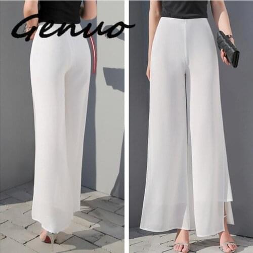 Genuo Womens Summer Wide Leg Long Trousers Casual Vintage High Waist Chiffon Side Split Loose Bohemia Skirt Pants Capris Solid