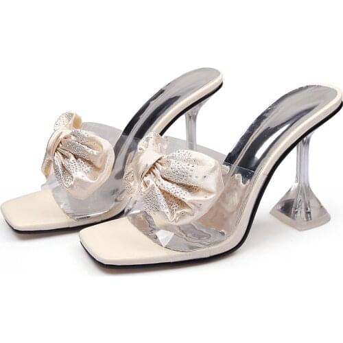 Women Summer High Heels Slippers Shoes Woman Peep Toe Transparent Sexy Shiny Crystal Bownot Sandalias Mujer Sapato Feminino 2021