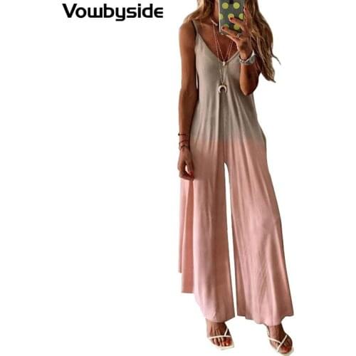 Womens Summer V-neck Sexy Loose Large Size Suspender Wide Leg Jumpsuit