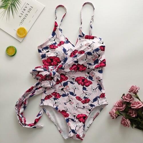 Push Up Swimsuit One Piece Women Sexy Swimwear 2019 Floral Wrap V Neck Swim Wear Beach Bandage Bathing Suit Monokini Bodysuit