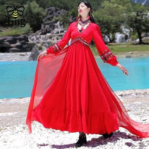 Tingfly Women Vintage Fashion Beading Tassel High Waist Boho Long Dress Red Color Boho A Line Elbise Trendy Clothings Robes Za
