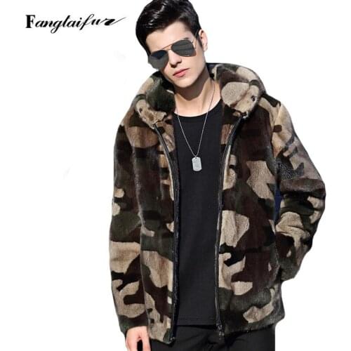 Fang Tai Fur 2019 Men Import Velvet Mink Fur Coat With Fur Hood Camouflage Mink Coats Mens Short Smart Causal Real Mink Coats