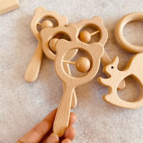 1PC Baby Wooden Rattle Beech Bear Hand Teething Wooden Ring Baby Rattles Play Gym Montessori Stroller Toy Educational Toys