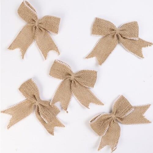 5pcs Linen Lace Bow Natural Jute Yarn Burlap Hessian Lace Ribbon Bowknot Party Wedding Ornament Gift Box Home DIY Decorations