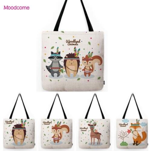 Woodland Forest Animals Tribe Baby Nursery Art Baby Fox Hedgehog Deer Children School Tote Bag Linen Shoulder Shopping Bag