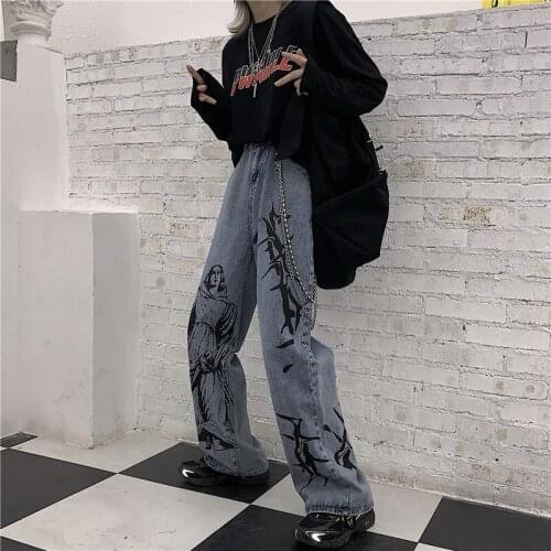 Hip Hop Print Wash Jeans Women Casual Denim Wide Leg Pants Summer Ins Harajuku Punk Streetwaer Trousers Y2K Indie Clothes