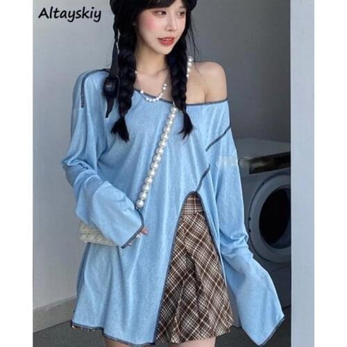 T-shirts Women Irregular Pure Fashion Leisure Thin Sun Protection All-match Korean Style Side-slit Loose Holiday Female Sexy Top