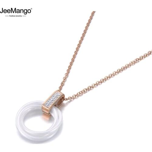 JeeMango Original Design Titanium Stainless Steel Black/White Ceramic Crystal Pendant Choker Wedding Necklaces For Women JN19087