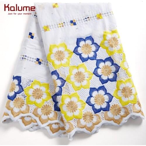 Kalume New Arrival 100% Cotton African Lace Fabric 2021 Embroidery Nigerian Pure Cotton Lace Fabric Stones For Dress Party F2282