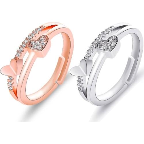 Fashion Double Heart Crystal Ring Drop shipping Womens Ring Couple Rings Adjustable Gift Girl Statement Wedding Ring Jewelry
