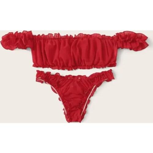 Womens Sexy Lingerie Sets Solid Color Mesh Ruffle Sheer Bandeau with Small Thong Sleepwear Sets