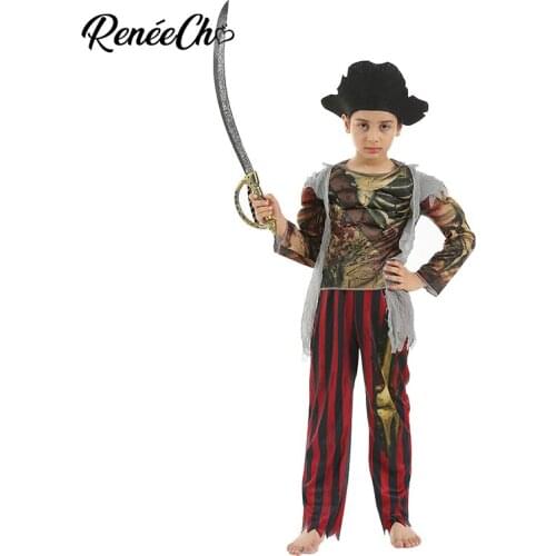 Reneecho Boys Muscle Pirate Costume Bloody Zombie Pirate Cosplay Halloween Costume For Kids