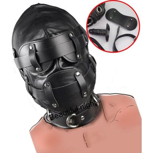 Leather SM Hood for Sex,BDSM Mask Removable Dildo Ball Gag Blindfold,Large Mouth and Eyes Hole Bondage