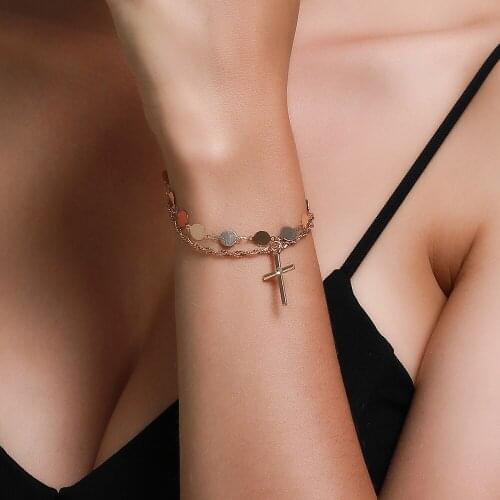 Cross Pendant Round Discs Double-Layer Alloy Chain Golden Silver Plated Bracelets for Women