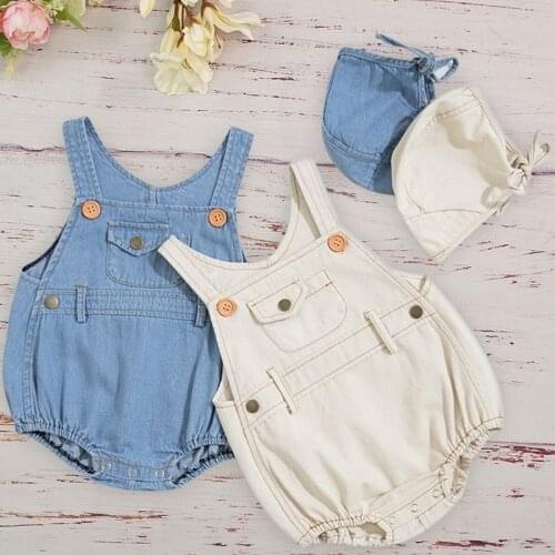 Summer Baby Boys Girl Denim Rompers Fashion Toddler Infant Children Sleeveless Romper Jumpsuit With Hat Clothing Suit Mardi Gras