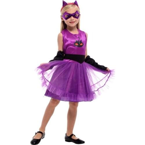 M-XL Purple Kids Children Bat Cat Cosplay Girls Halloween Animal Costumes Carnival Purim Parade Stage Show Role Play Party Dress