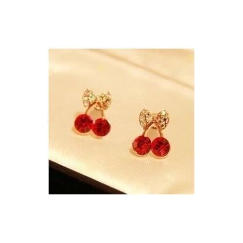 Cute little cherry red imitation Rhinestones earrings exquisite elegance Korean jewelry wholesale free shipping