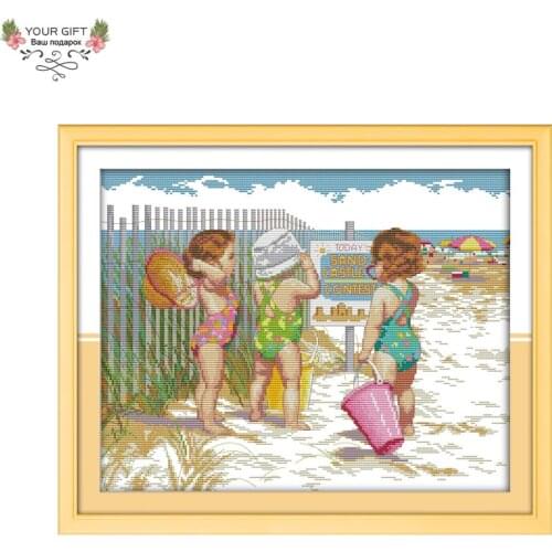 Joy Sunday Free Shipping 14CT 11CT Counted and Stamped Babies Play In The Beach Embroidery Cross Stitch kits for Home Decor R469