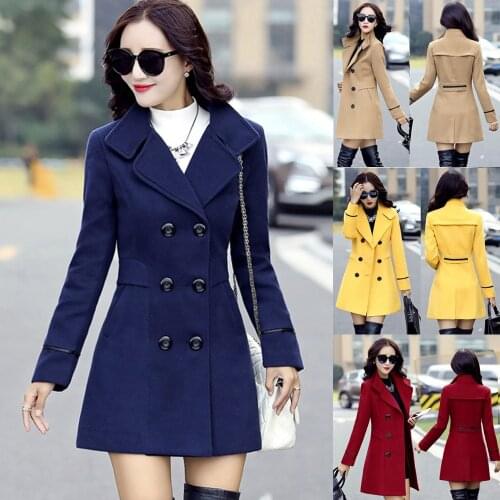 Fashion Winter Jacket Womens Double Breasted Mid-length Wool Coat Solid Color Korean Slim Female Woolen Jacket Plus Size Coat