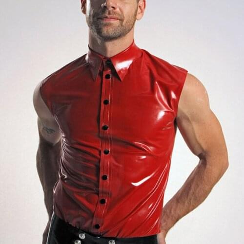Males casual slim latex vest with front buttons decorations 100% handmade crafts red tops