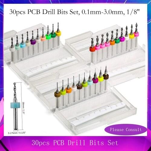 30pcs PCB Drill Bits Set, 0.1mm-3.0mm, 1/8" Shank Spiral Flute CNC Router Bits for Print Circuit Board Jewelry CNC Engraving