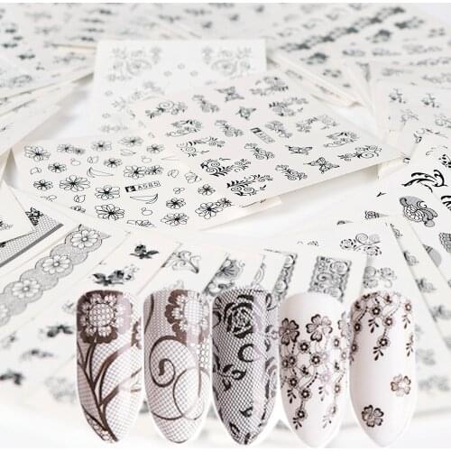 40Pcs/set Random Styles Black Cute Flowers Butterfly Nail Sticker Water Transfer Stickers Manicure Nail Art Watermark Tips