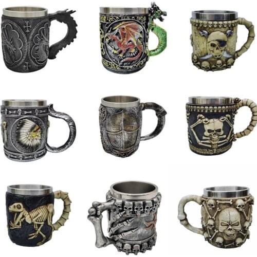 Beer mugs 3D Stereo Stainless Steel Skull Mug Creative Stainless Steel Resin Skull Ghost cups Halloween Gift Adult Coffee Cup