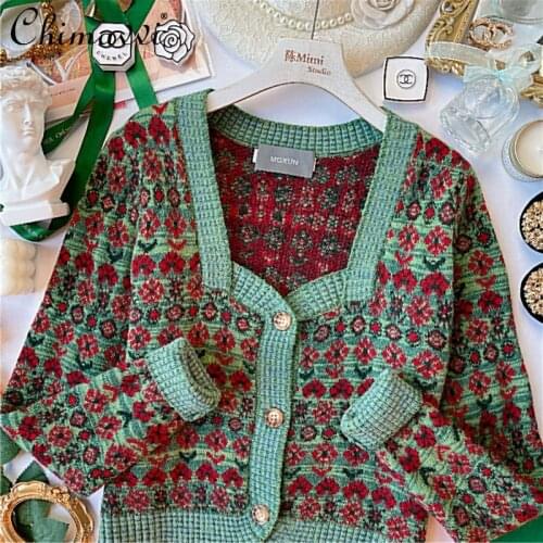 Court Style Retro All-matching Womens Fashion Elegant Square Collar Flower Printed Color Contrast Sweater Cardigan Slim Top