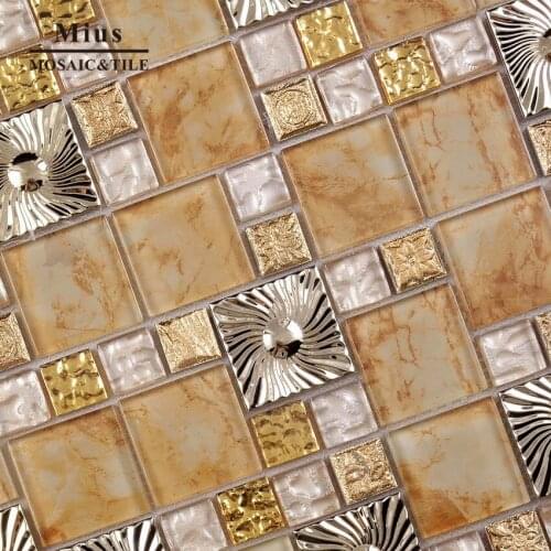 Luxury 3D metal mosaic mixx gold crystal glass tile