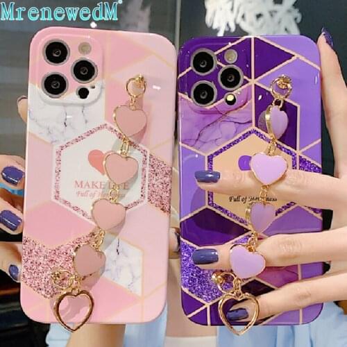 Luxury Heart Bracelet Marble Phone Case For iPhone 12 11 Pro X XR XS Max 12 Mini 7 8 Plus SE2 Diamond Pattern Wrist Chain Covers