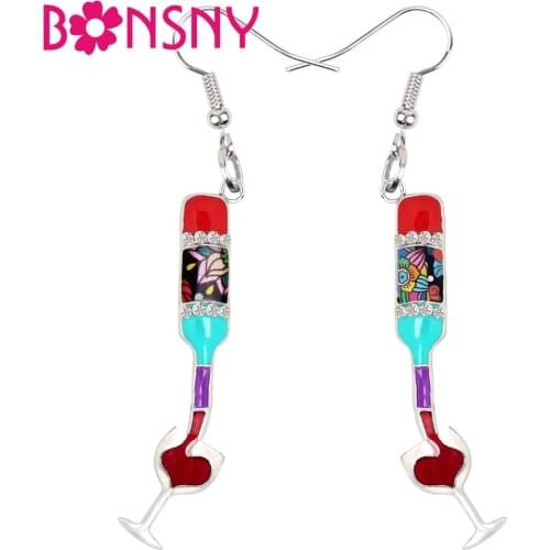 Bonsny Enamel Alloy Rhinestone Red Wine Cup Bottle Earrings Drop Dangle Fashion Vintage Heart Jewelry Women Girls Birthday Gift