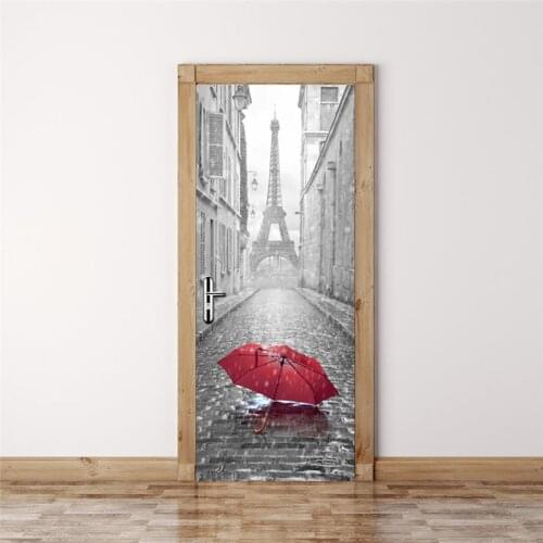 Paris Street Umbrella Sticker For Door Fashion Design Home Renovation Decoration Wallpaper Large Size Kitchen PVC Door Sticker