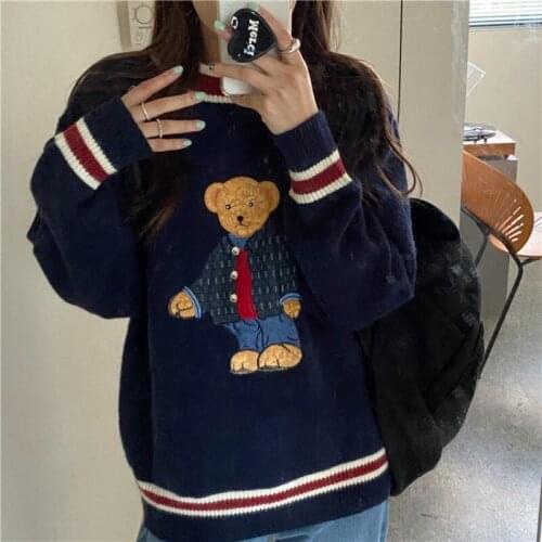 Korean Kawaii Bear Sweater Women Autumn Winter O Neck Long Sleeve Loose Pullover Sweaters Knitted Sweater Pull Femme