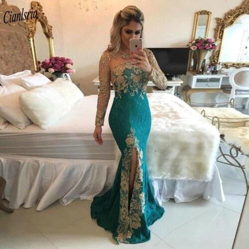 Vintage Long Sleeve Side Split Dubai Arabic Mermaid Evening Dress Gold Appliques Lace Illusion Back Formal Evening Party Gown